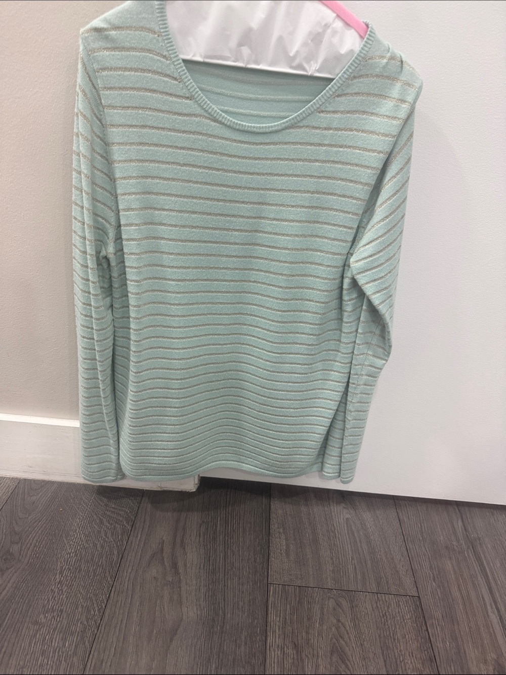 Ann Taylor Mint Green Sparkle Striped Long-Sleeve Lightweight Sweater